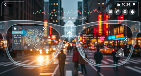 ar glasses showing restaurant, map, museum, stock data, and other info on a city street at night timeの素材