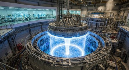 a complex industrial machine with glowing blue plasma, surrounded by metal structures in a laboratory settingの素材