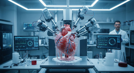 a human heart is being worked on by robotic arms in a lab with a scientist in the background. very futuristicの素材