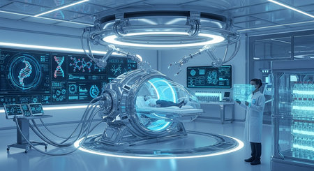 a bright, futuristic medical lab shows a patient in a pod, a scientist, and advanced technology displays around themの素材