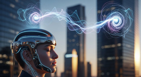 a woman with a futuristic headset with energy streams and a city skyline in the background is in viewの素材