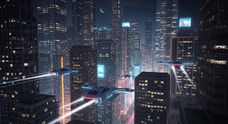 a futuristic cityscape at night with flying cars illuminating the buildings with bright lights and moon aboveの素材