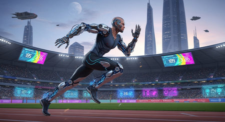 a cyborg athlete sprints on a track in a modern stadium with skyscrapers and flying vehicles in the backgroundの素材