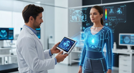 a doctor uses a tablet to view an augmented reality body scan of a female patient in a modern laboratoryの素材