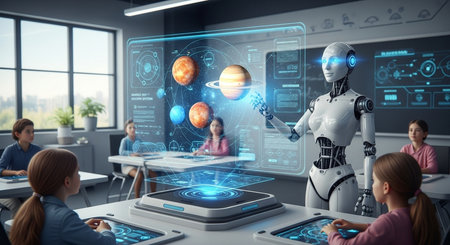 a classroom scene with a robot teacher presenting a holographic display of planets to attentive studentsの素材