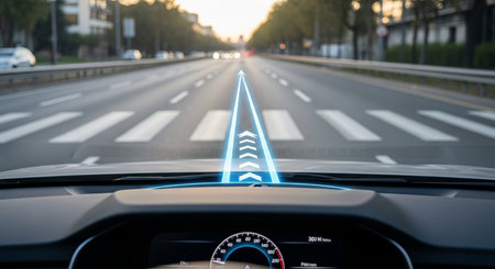 a car's dashboard with a navigation system showing a blue arrow on the road with a zebra crossing aheadの素材