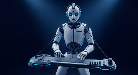 a robot with headphones plays a futuristic stringed instrument on a dark blue background with soft lightingの素材