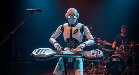 a robot playing a keyboard on a stage with a drummer in the background under a spotlight shining down on themの素材