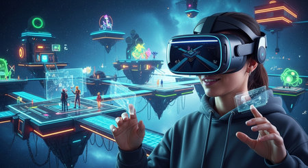 a woman explores a virtual world with vr headset, surrounded by floating platforms and neon lights all around herの素材