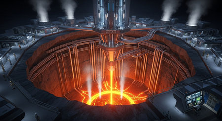 a futuristic power plant with a glowing core, surrounding structures, and smoke stacks in an aerial viewの素材