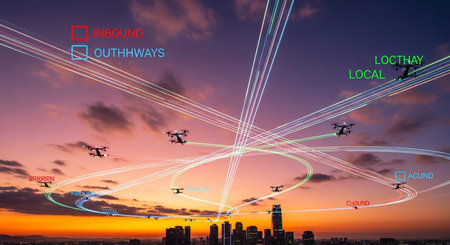 drones flying over a city skyline at sunset with digital route overlays showing inbound and outbound pathwaysの素材