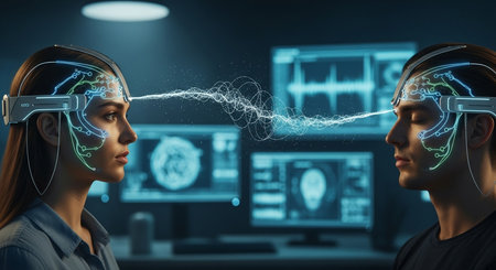 two people using brainwave technology to communicate with each other in a futuristic setting with monitorsの素材