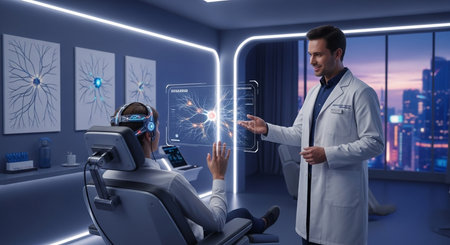 a doctor explains brain activity to a patient wearing a vr headset in a modern medical office at nightの素材