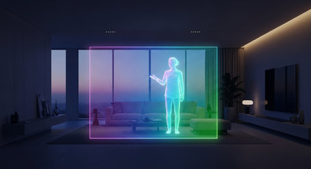 a hologram of a woman stands in a modern living room with minimalist design and a large window view outsideの素材