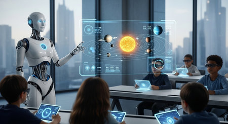 robot teacher explains the solar system to students using tablets and augmented reality in a classroom settingの素材