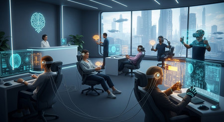 a futuristic office setting with people using vr headsets and holographic displays in a modern workspaceの素材