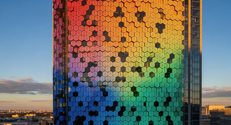 a modern building with a vibrant honeycomb facade, transitioning through colors against a bright blue sky.の素材