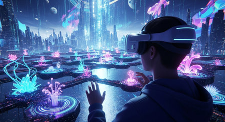a person with vr headset immersed in a digital world with glowing plants and futuristic architecture around themの素材