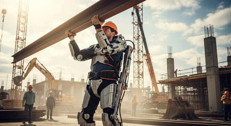 a construction worker in an exoskeleton lifts a steel beam on a construction site with cranes and workersの素材