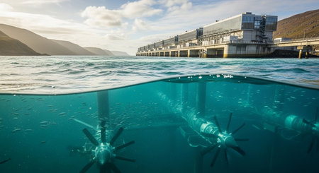 a split view shows tidal turbines underwater and a power plant on the coast with mountains in the backgroundの素材