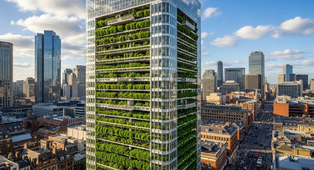 a modern building covered in greenery stands tall in the city, contrasting with the urban landscape around itの素材