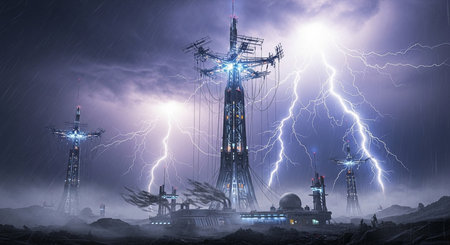 a futuristic outpost is struck by lightning during a stormy night, creating a dramatic landscape sceneの素材