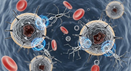 a detailed microscopic view showing cells interacting with nanobots in a blue biological environment.の素材