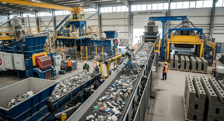 an industrial recycling plant with conveyor belts, machinery, and workers inside a large building structure.の素材