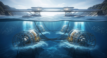a view of underwater turbines with a bridge, mountains, and ocean in the background on a beautiful dayの素材