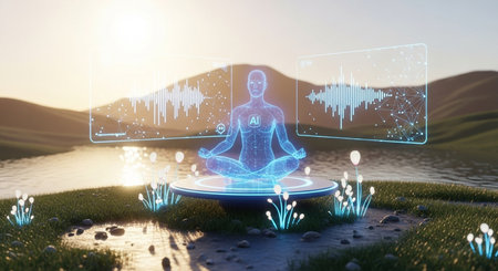 a serene ai hologram meditates by a river, sound waves displayed on screens in a peaceful sunset sceneの素材