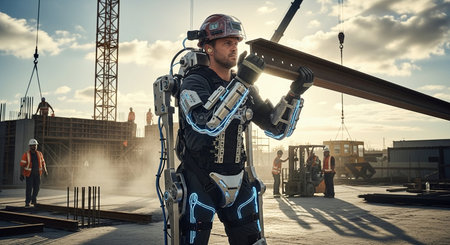 a construction worker wearing an exoskeleton is lifting a metal beam on a construction site with cranes.の素材