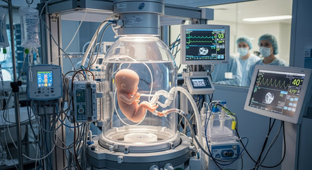 a fetus in an artificial womb with medical equipment and masked doctors. a futuristic medical scene setupの素材