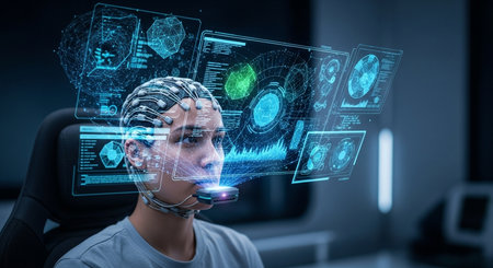 a woman with a brain computer interface is surrounded by holographic displays in a futuristic environmentの素材