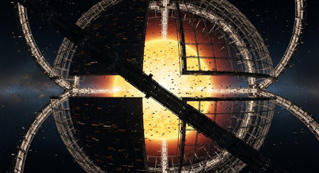 a detailed view of a dyson sphere surrounding a star, showcasing futuristic technology in outer spaceの素材