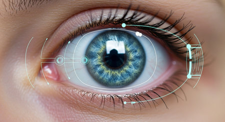 a close up of a blue eye with a digital interface overlay for eye tracking and biometric analysis useの素材