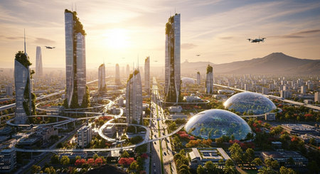 a futuristic city is shown with tall buildings, greenery, dome structures, and elevated roadways at sunset.の素材