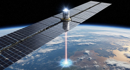 a satellite transmits energy to earth with solar panels and a visible beam in space with clouds and atmosphereの素材