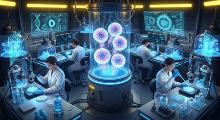 a futuristic lab with scientists working on cells in a container with holographic displays around them all lit upの素材