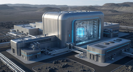 a futuristic industrial complex with a glowing blue energy core sits in a desolate desert landscape aerial viewの素材