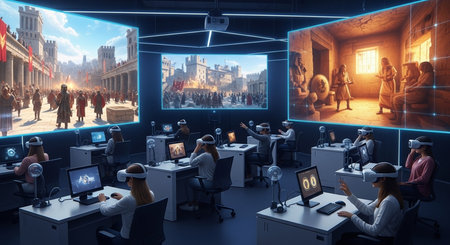 a vr classroom with students immersed in historical simulations displayed on large screens in the backgroundの素材