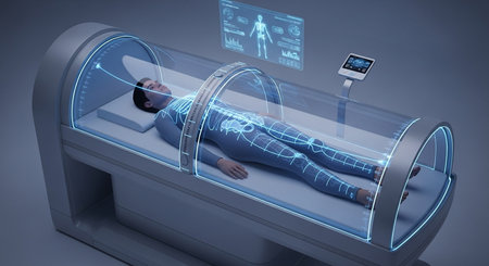 a patient inside a futuristic scanner with blue lights and a digital screen displaying body information.の素材