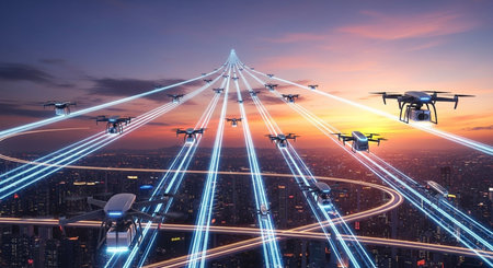 a fleet of drones fly over a futuristic city leaving glowing trails in the sky at dusk or dawn formationの素材