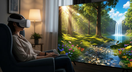 a woman enjoys a vr experience with a nature scene displayed on a large screen in a cozy living room settingの素材