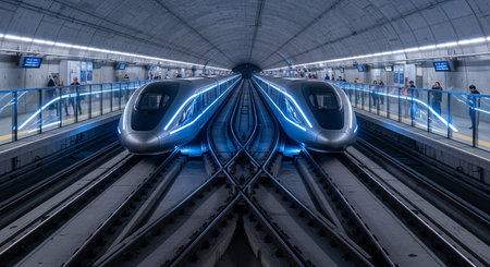 two futuristic trains are aligned in a subway station with passengers waiting on the platform edges nearbyの素材