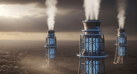 three towering structures release smoke into a hazy sky above a sprawling cityscape under an overcast skyの素材