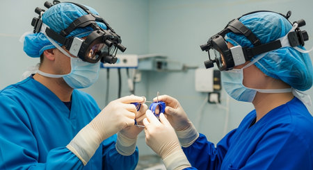 two surgeons wearing scrubs and loupes preparing medical equipment in a sterile operating environment ready to operateの素材