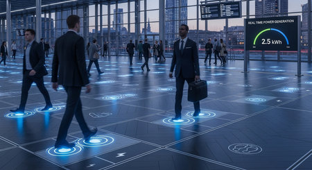 people walking on energy generating floor in a modern building, with a real time power generation displayの素材