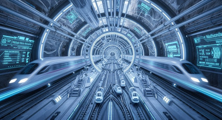 a futuristic train station with trains on multiple tracks inside a tunnel with glowing neon lights designの素材