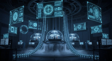 a high tech futuristic control room with floating holographic displays and advanced technology equipment.の素材