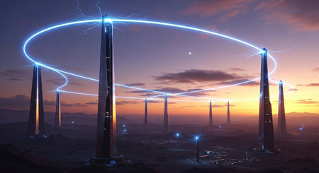 a futuristic cityscape featuring tall towers connected by electric blue energy under a vibrant sunset skyの素材